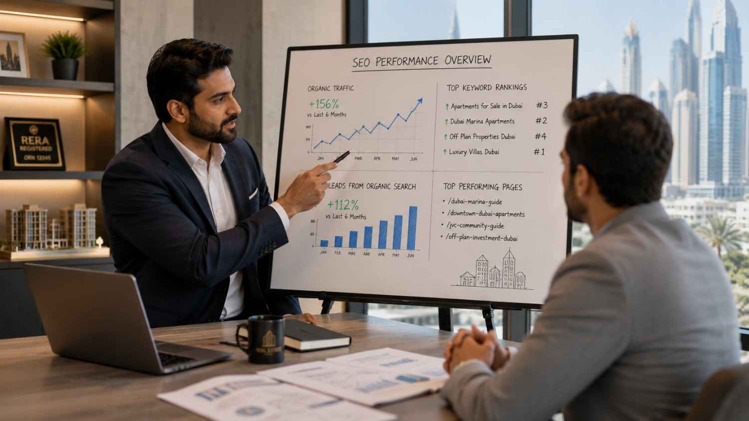 Real estate SEO specialist presenting traffic growth, keyword rankings, and lead generation results to a client in a modern Dubai office.