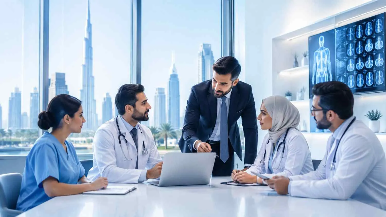 Healthcare SEO consultants meeting with doctors and medical professionals in a modern Dubai clinic with the city skyline visible in the background.