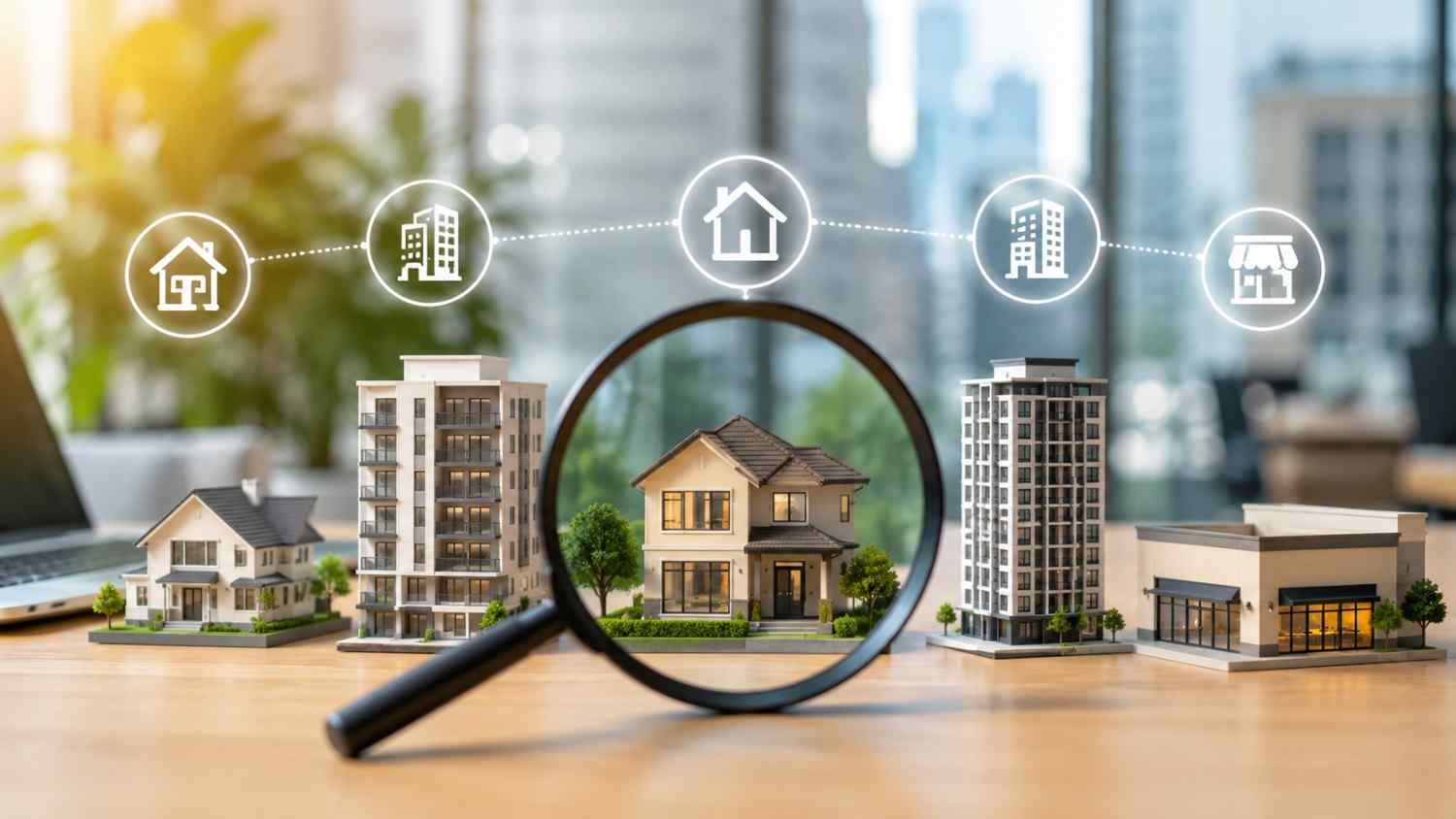 Magnifying glass highlighting residential and commercial property models on a desk with digital real estate search icons displayed above.