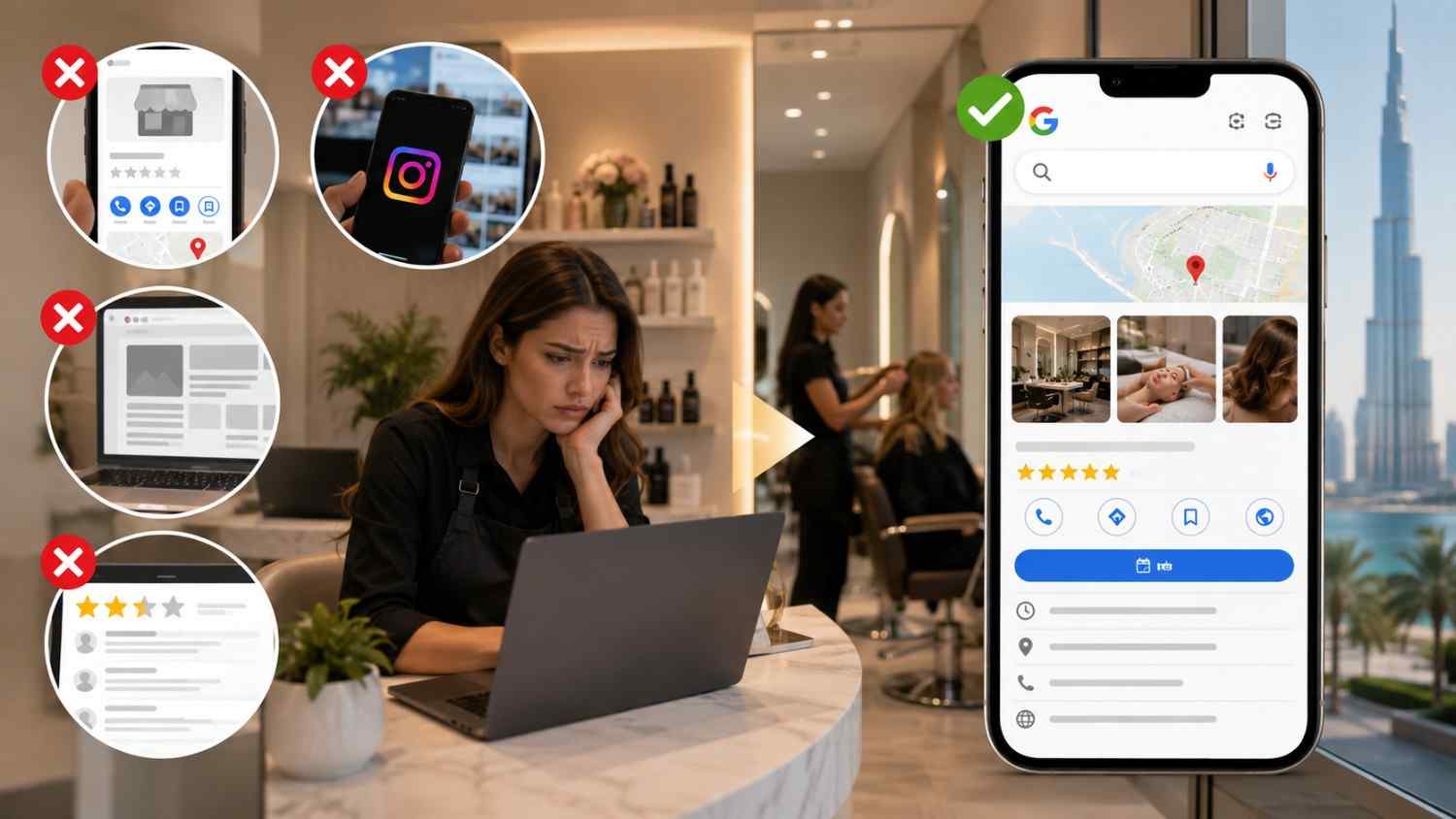 Split graphic contrasting a frustrated salon owner working on a laptop against a successful Google Maps business listing displayed on a smartphone screen.