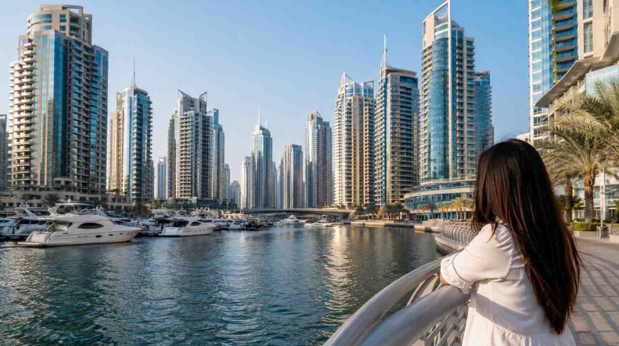 Lady standing along Dubai Marina promenade overlooking luxury residential towers, yachts, and the waterfront skyline at sunset.