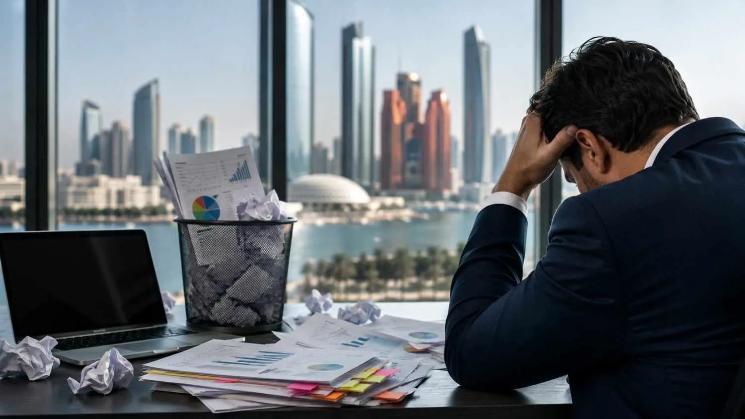 A stressed businessman reviewing SEO reports at a desk with Abu Dhabi's modern skyline in the background.