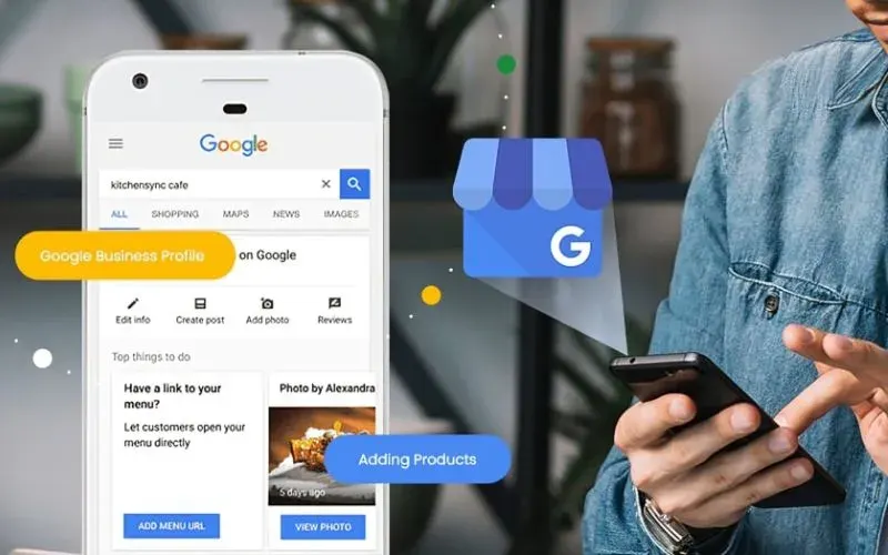 Close up of a person using a smartphone while managing a Google Business Profile, with the Google search interface, business management tools, and Google Business icon displayed prominently on the screen. The image highlights local SEO, customer reviews, and business profile optimization.