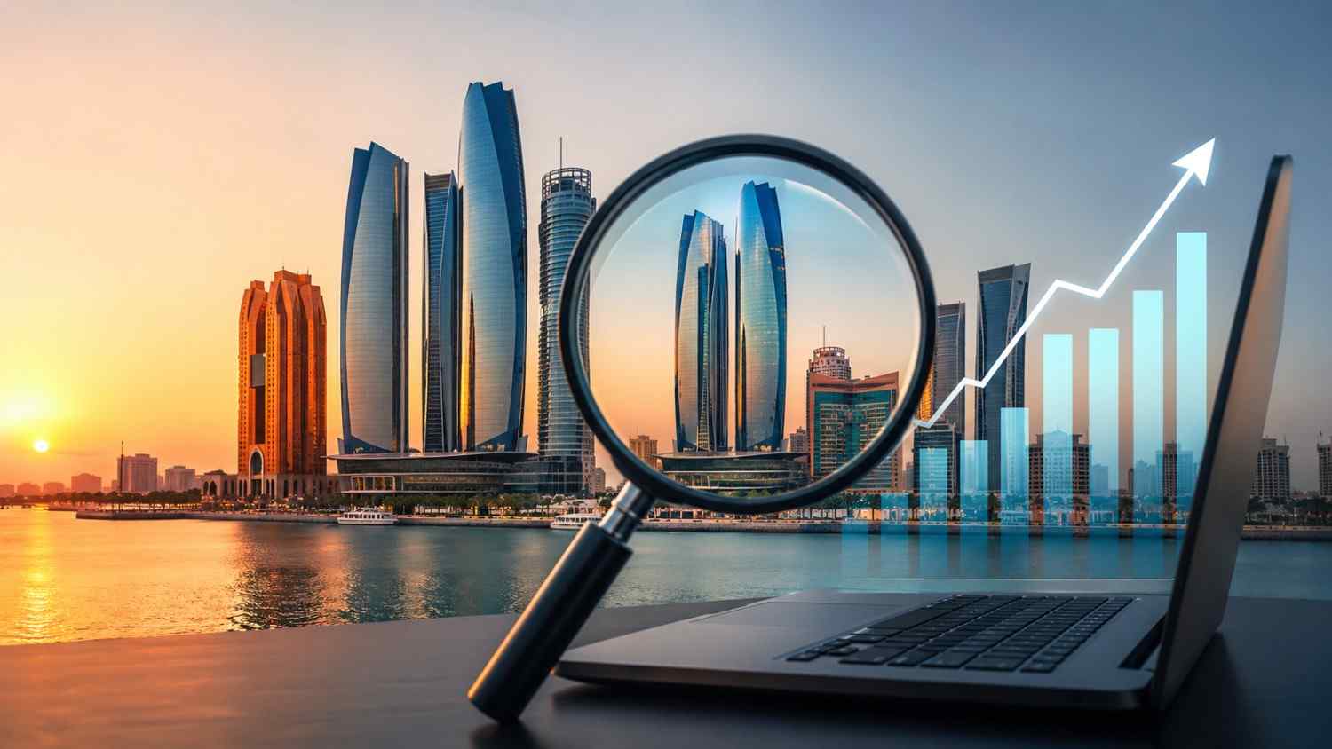 Abu Dhabi skyline viewed through a magnifying glass with an SEO growth chart representing search visibility and business growth.
