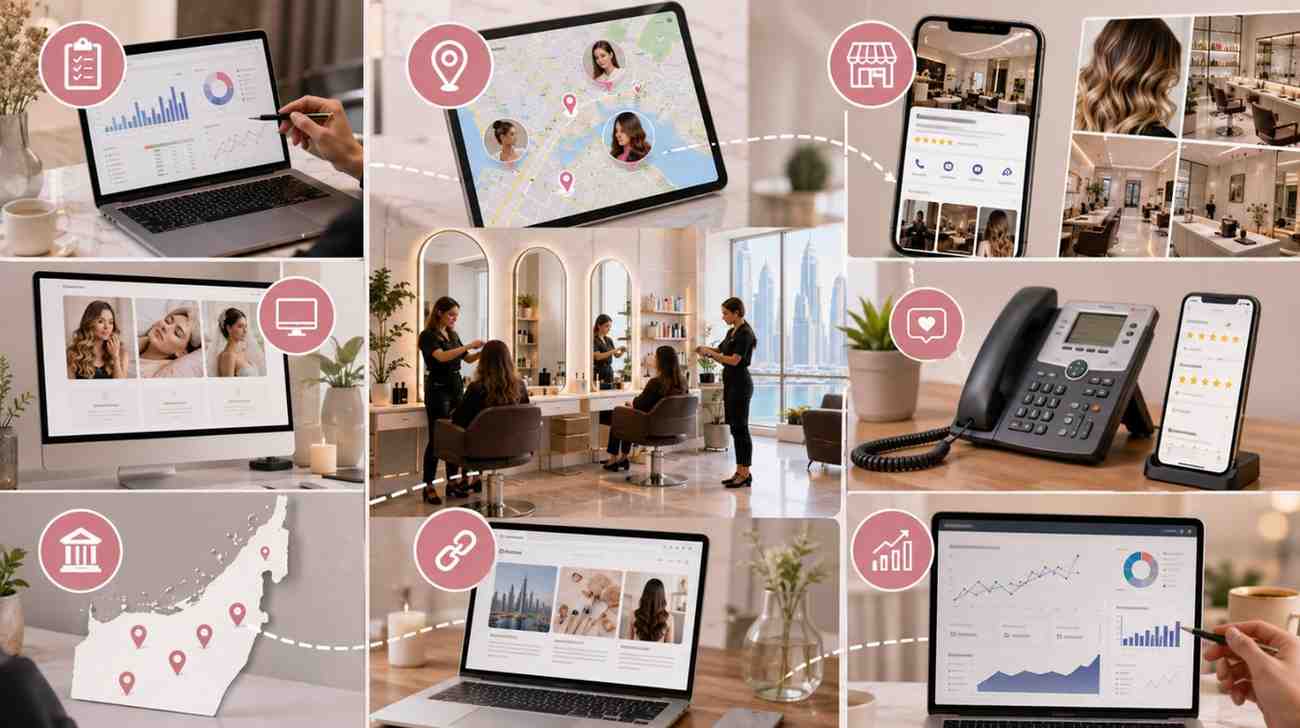 Collage showing digital marketing elements including analytics dashboards, local map points, mobile listings, and hair stylists inside a modern beauty salon.
