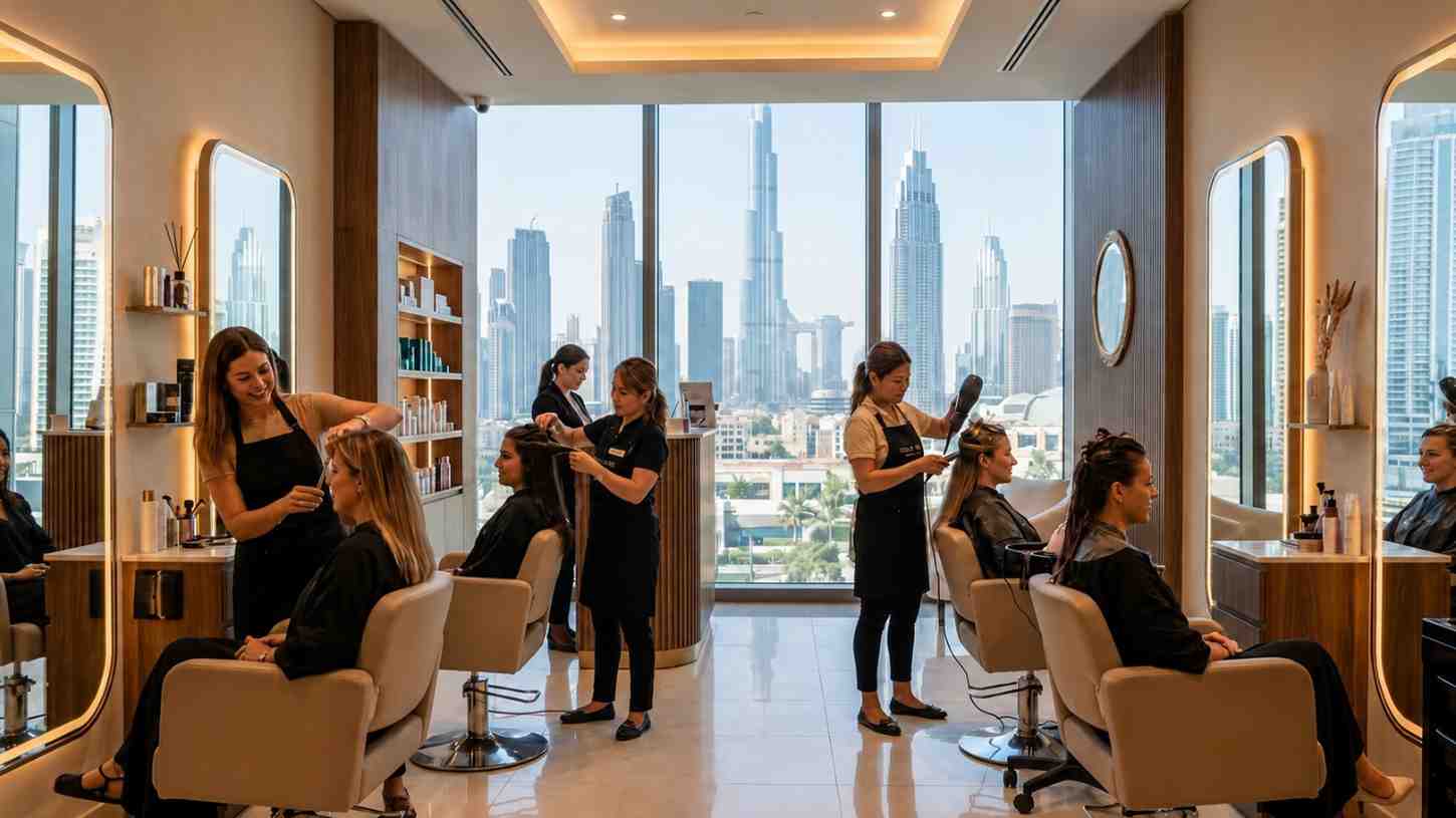 Luxury Dubai salon with stylists serving clients overlooking the city skyline