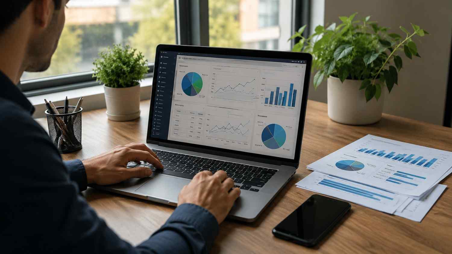 SEO professional reviewing website analytics, traffic charts, keyword data, and performance reports on a laptop.